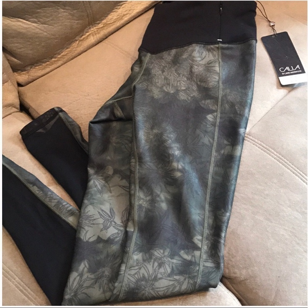 Calia brand workout tights, black and green, mesh